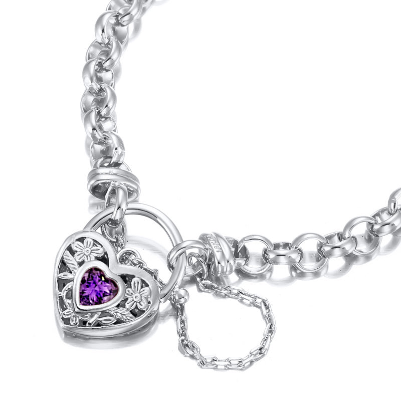 925 Sterling Silver Plated 6mm Belcher Chain Bracelet with a Purple Filigree Locket - USA Made