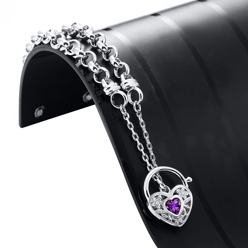 925 Sterling Silver Plated 6mm Belcher Chain Bracelet with a Purple Filigree Locket - USA Made