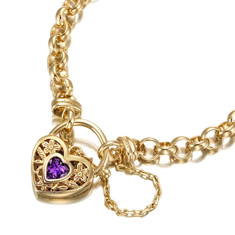 18ct Heavy Yellow Gold Plated 6mm Belcher Chain Bracelet with a Purple Filigree Locket - USA Made