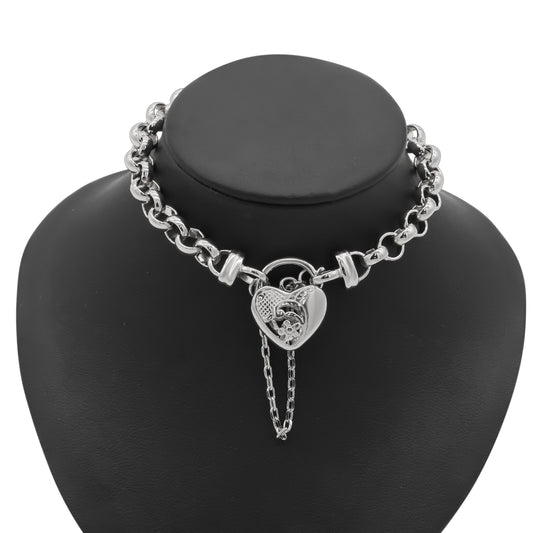 925 Sterling Silver Plated 6mm Belcher Chain Bracelet with a Vegas Heart Locket - USA Made