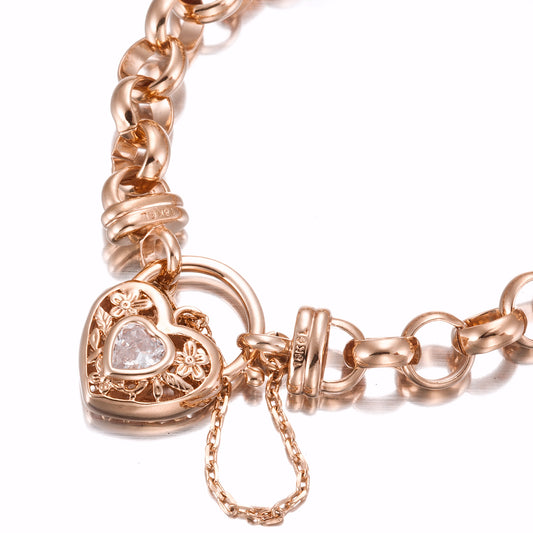 18ct Heavy Rose Gold Plated Belcher Chain Bracelet with a Filigree Locket Featuring a Simulated Diamond - USA Made