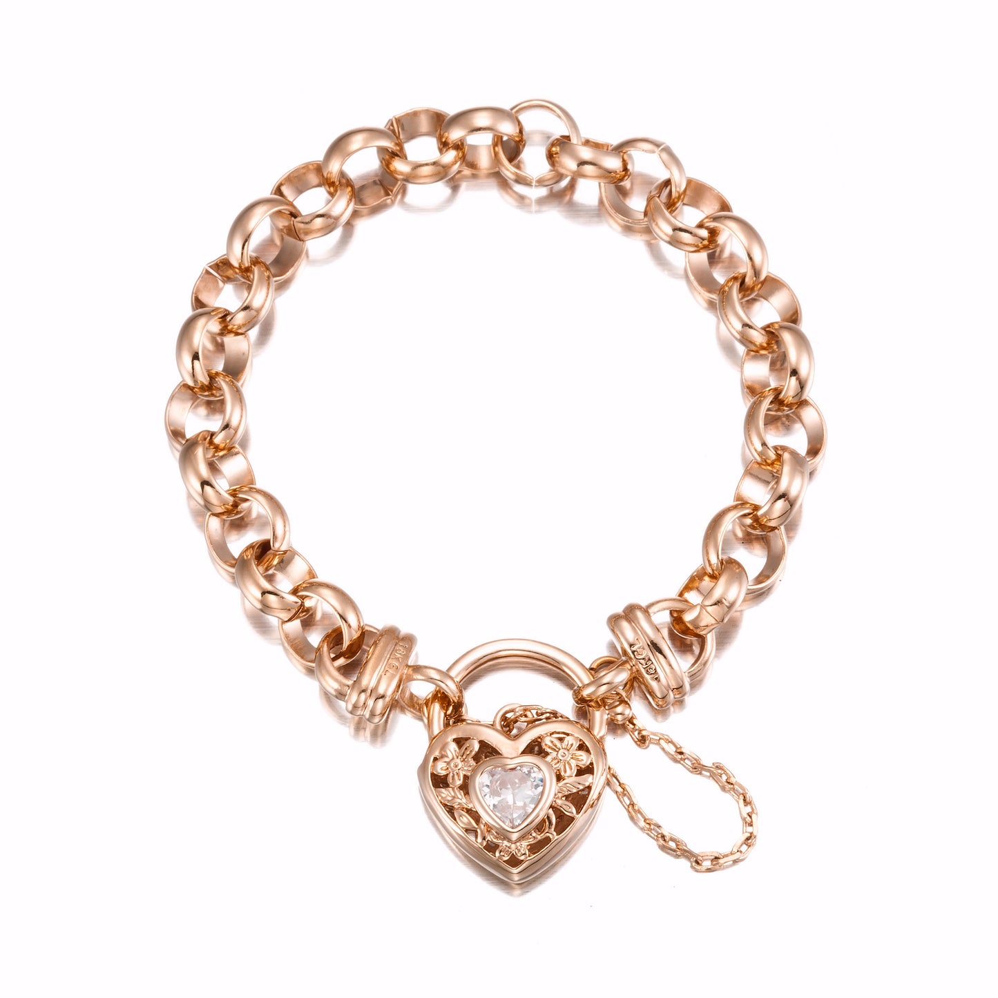 18ct Heavy Rose Gold Plated Belcher Chain Bracelet with a Filigree Locket Featuring a Simulated Diamond - USA Made