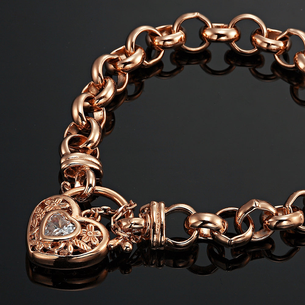 18ct Heavy Rose Gold Plated Belcher Chain Bracelet with a Filigree Locket Featuring a Simulated Diamond - USA Made