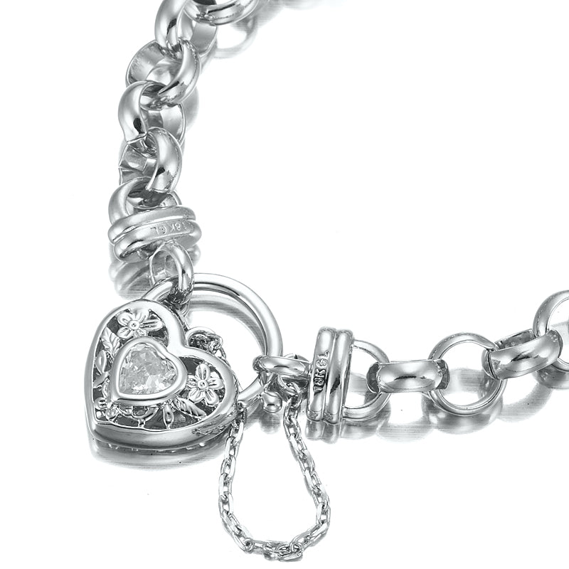 925 Sterling Silver Plated Belcher Chain Bracelet with a Filigree Locket Featuring a Simulated Diamond - USA Made