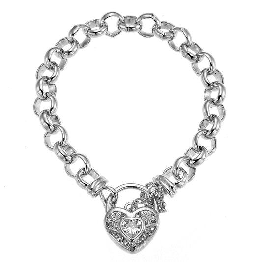 925 Sterling Silver Plated Belcher Chain Bracelet with a Filigree Locket Featuring a Simulated Diamond - USA Made