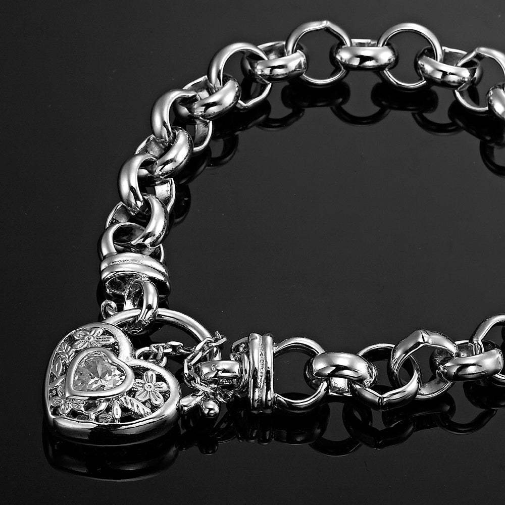 925 Sterling Silver Plated Belcher Chain Bracelet with a Filigree Locket Featuring a Simulated Diamond - USA Made