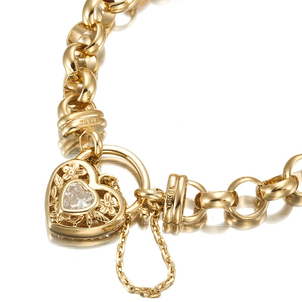 18ct Heavy Yellow Gold Plated Belcher Chain Bracelet with a Filigree Locket Featuring a Simulated Diamond - USA Made