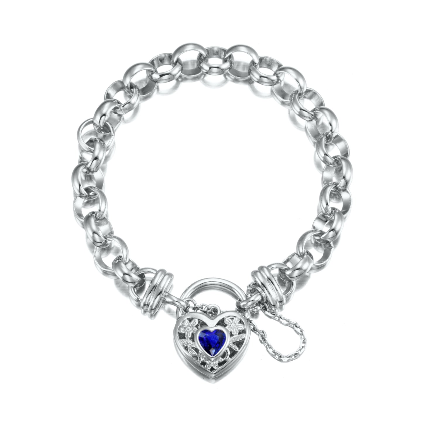 925 Sterling Silver Plated  10mm Belcher Chain Bracelet with a Dark Blue Filigree Locket - USA Made