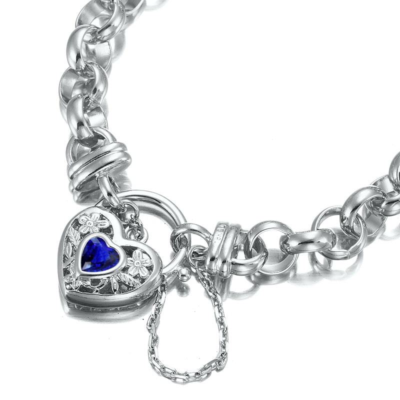 925 Sterling Silver Plated  10mm Belcher Chain Bracelet with a Dark Blue Filigree Locket - USA Made