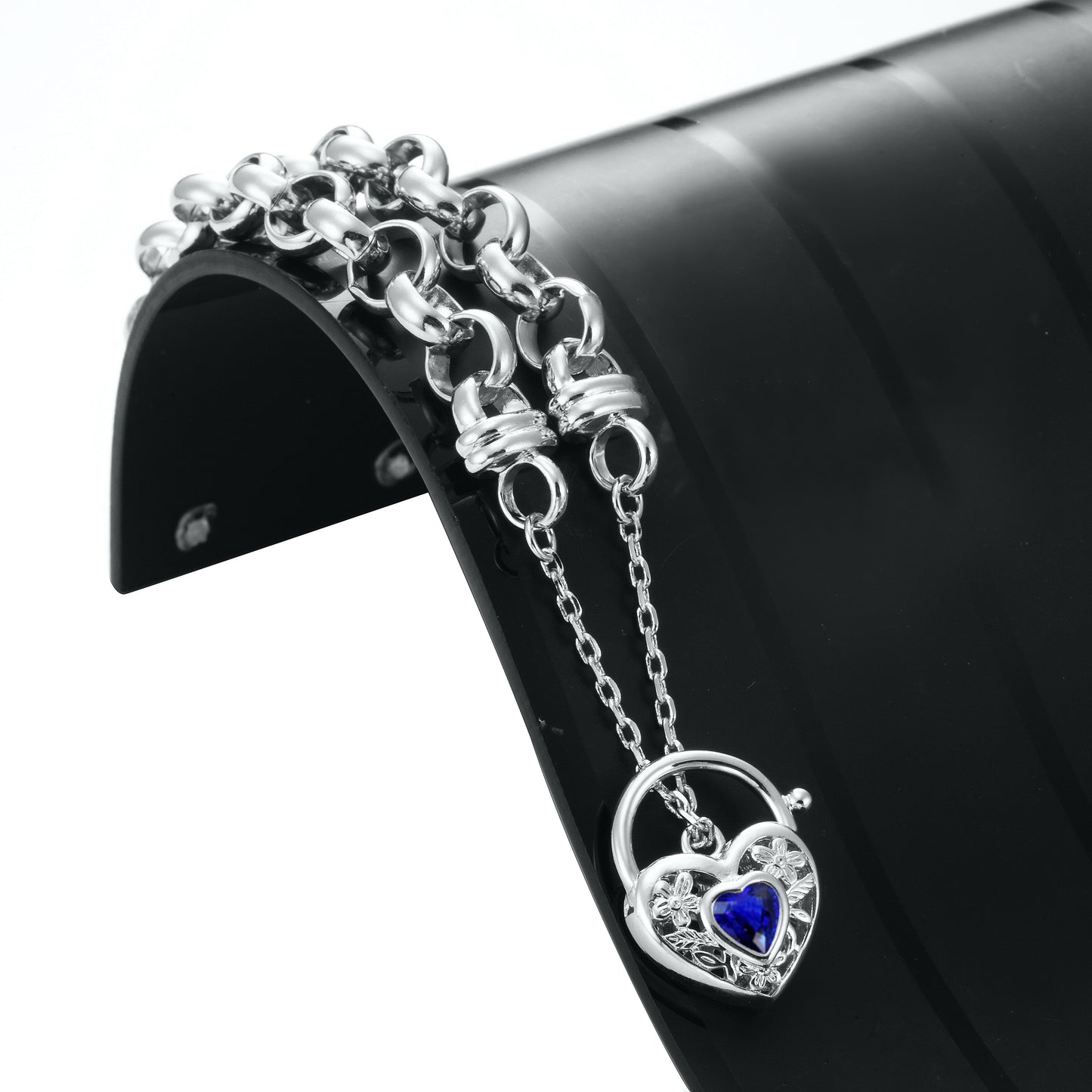 925 Sterling Silver Plated  10mm Belcher Chain Bracelet with a Dark Blue Filigree Locket - USA Made