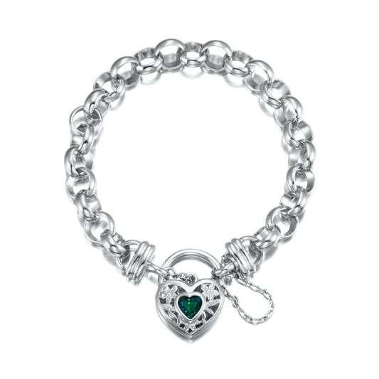 925 Sterling Silver Plated  10mm Belcher Chain Bracelet with a Green Filigree Locket - USA Made