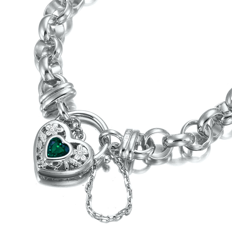 925 Sterling Silver Plated  10mm Belcher Chain Bracelet with a Green Filigree Locket - USA Made