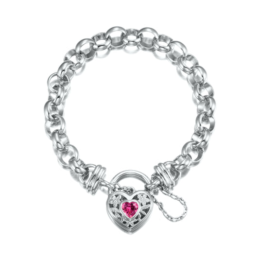 925 Sterling Silver Plated  10mm Belcher Chain Bracelet with a Pink Filigree Locket - USA Made