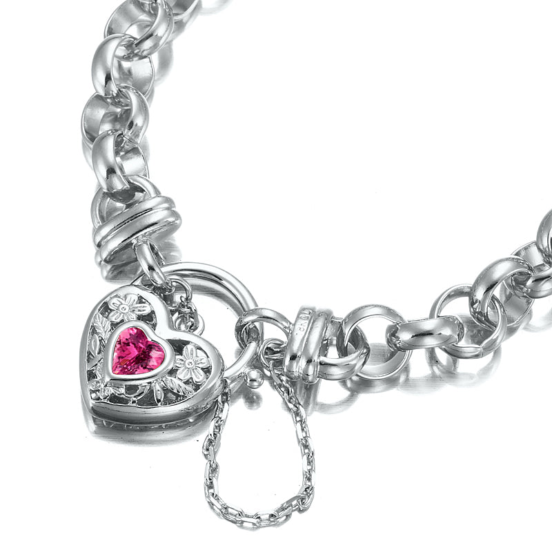 925 Sterling Silver Plated  10mm Belcher Chain Bracelet with a Pink Filigree Locket - USA Made