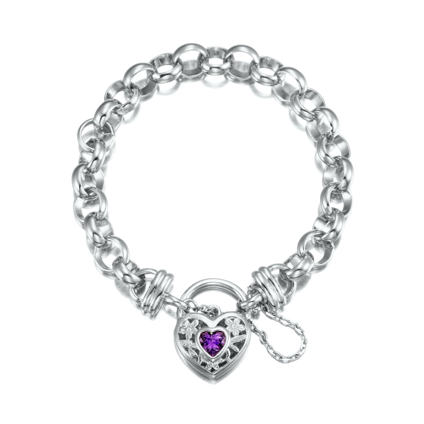 925 Sterling Silver Plated  10mm Belcher Chain Bracelet with a Purple Filigree Locket - USA Made