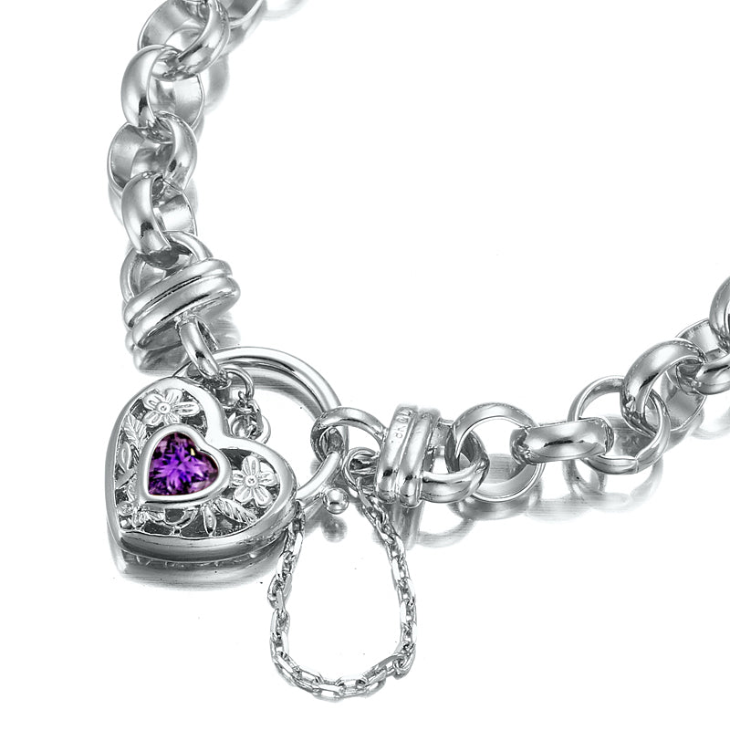 925 Sterling Silver Plated  10mm Belcher Chain Bracelet with a Purple Filigree Locket - USA Made