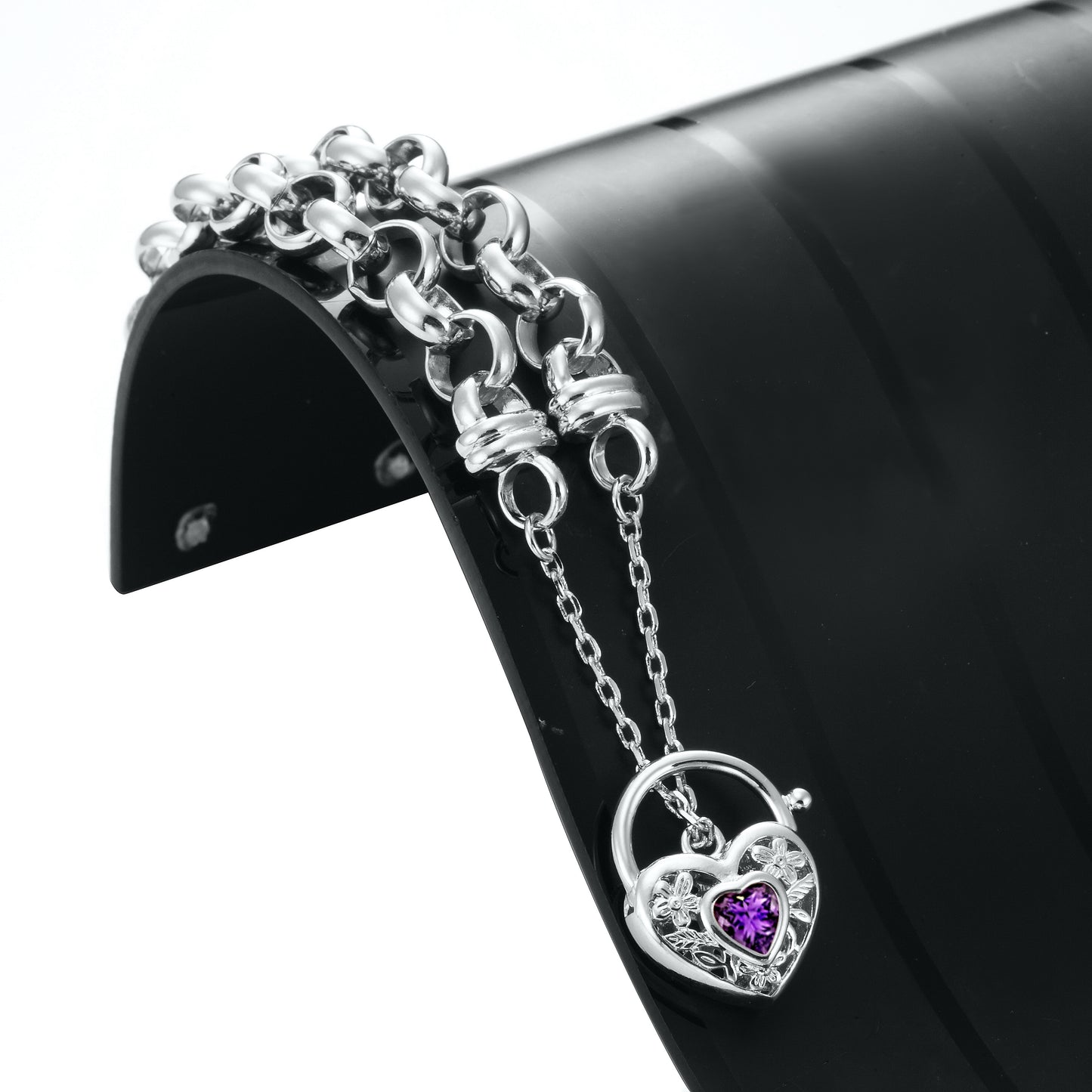 925 Sterling Silver Plated  10mm Belcher Chain Bracelet with a Purple Filigree Locket - USA Made