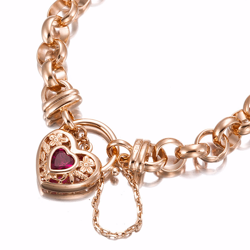 18ct Heavy Rose Gold Plated  10mm Belcher Chain Bracelet with a Filigree Locket Featuring a Simulated Ruby - USA Made