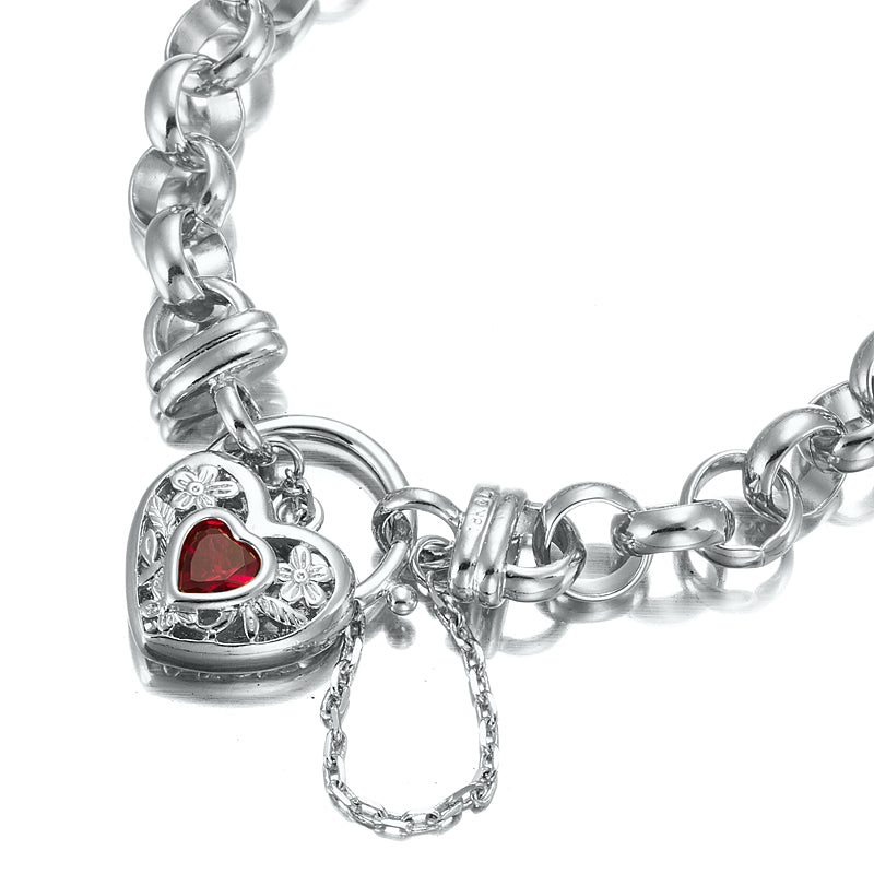 925 Sterling Silver Plated 10mm Belcher Chain Bracelet with a Filigree Locket Featuring a Simulated Ruby - USA Made