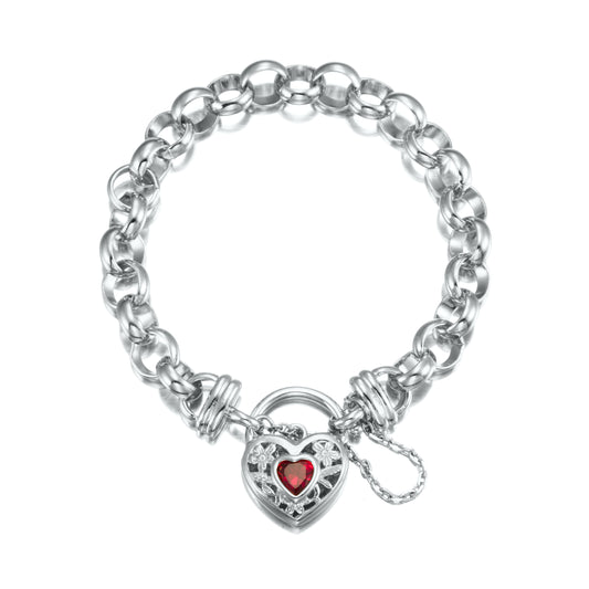 925 Sterling Silver Plated 10mm Belcher Chain Bracelet with a Filigree Locket Featuring a Simulated Ruby - USA Made