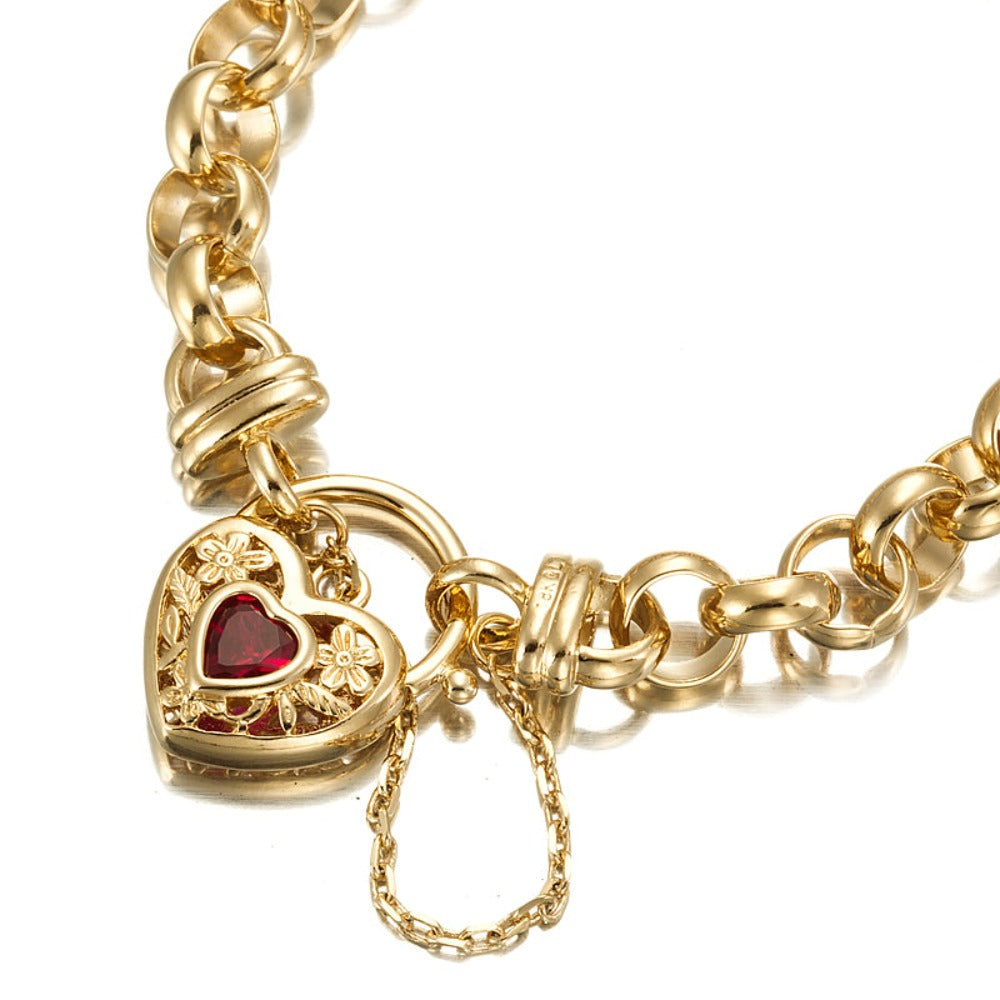 18ct Heavy Yellow Gold Plated  10mm Belcher Chain Bracelet with a Filigree Locket Featuring a Simulated Ruby - USA Made