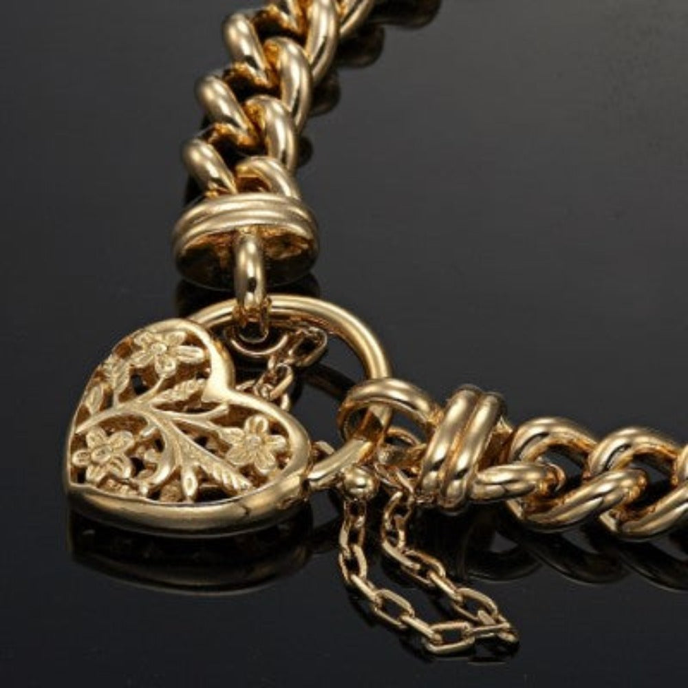 18ct Heavy Yellow Gold Plated Euro Chain Bracelet with a Filigree Locket - USA Made