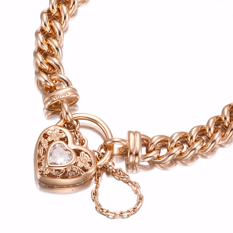 18ct Heavy Rose Gold Plated  Euro Chain Bracelet with a Filigree Locket Featuring a Simulated Diamond - USA Made