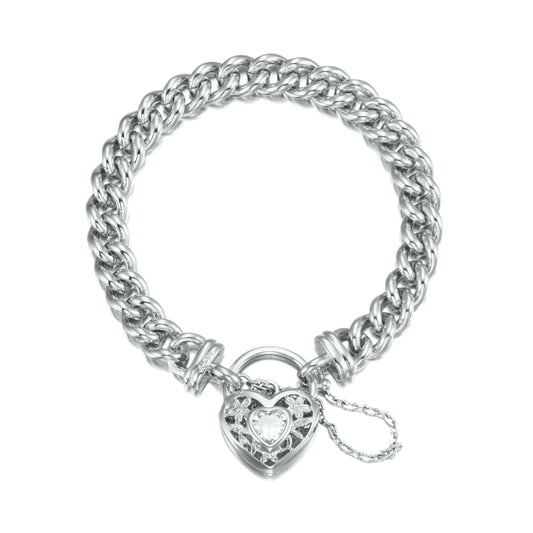 925 Sterling Silver Plated  Euro Chain Bracelet with a Filigree Locket Featuring a Simulated Diamond - USA Made