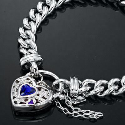 925 Sterling Silver Plated  Euro Chain Bracelet with a Dark Blue Filigree Locket - USA Made