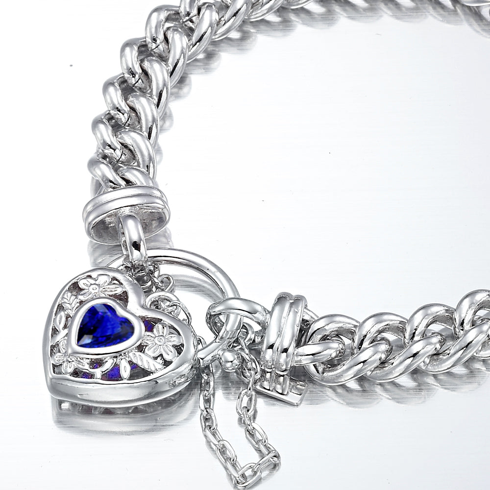 925 Sterling Silver Plated  Euro Chain Bracelet with a Dark Blue Filigree Locket - USA Made