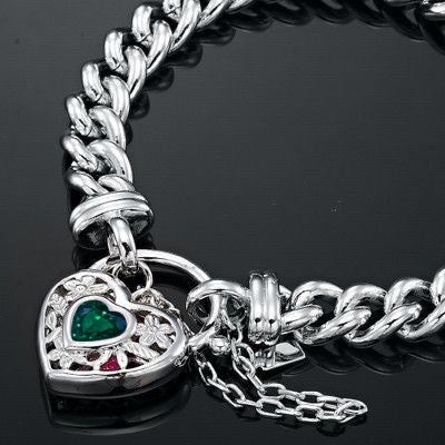 925 Sterling Silver Plated  Euro Chain Bracelet with a Green Filigree Locket - USA Made