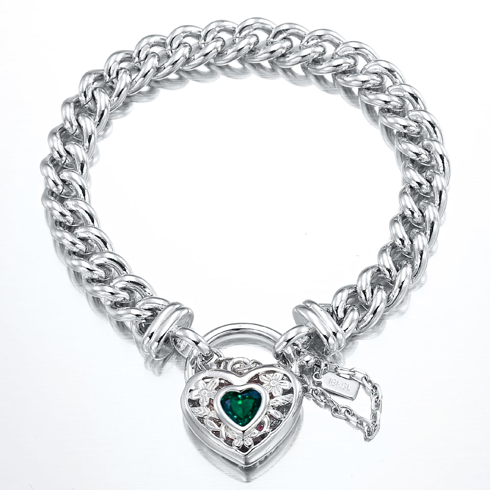 925 Sterling Silver Plated  Euro Chain Bracelet with a Green Filigree Locket - USA Made