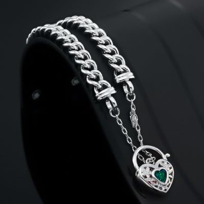 925 Sterling Silver Plated  Euro Chain Bracelet with a Green Filigree Locket - USA Made