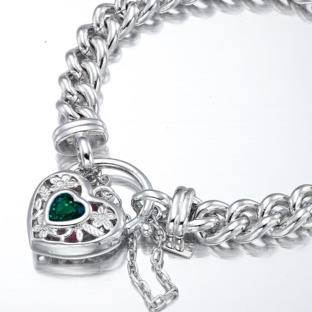 925 Sterling Silver Plated  Euro Chain Bracelet with a Green Filigree Locket - USA Made