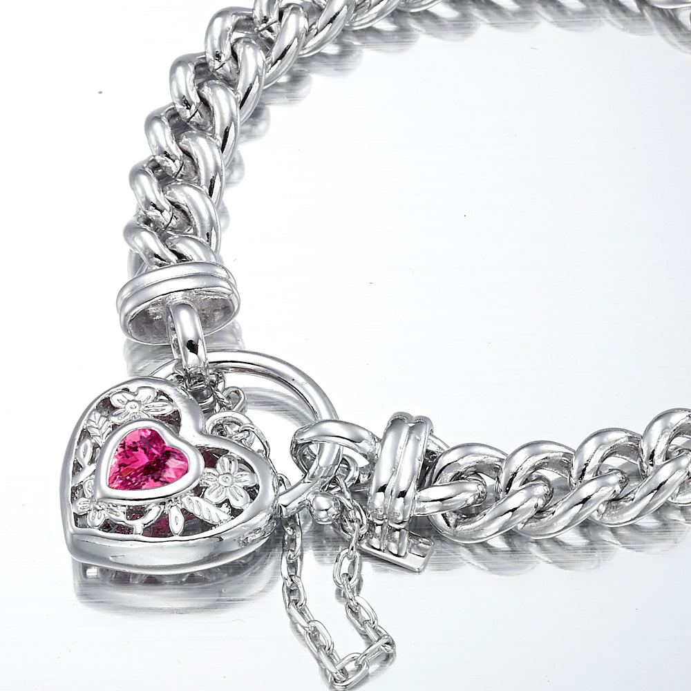 925 Sterling Silver Plated  Euro Chain Bracelet with a Pink Filigree Locket - USA Made