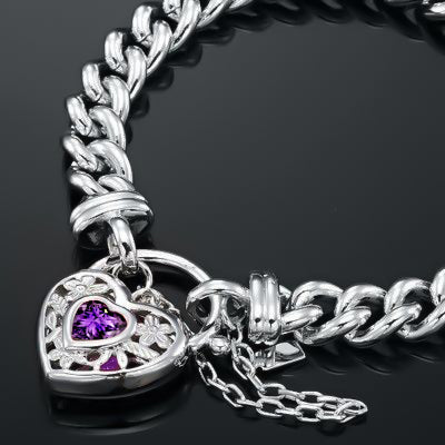 925 Sterling Silver Plated  Euro Chain Bracelet with a Purple Filigree Locket - USA Made