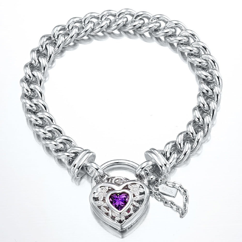 925 Sterling Silver Plated  Euro Chain Bracelet with a Purple Filigree Locket - USA Made