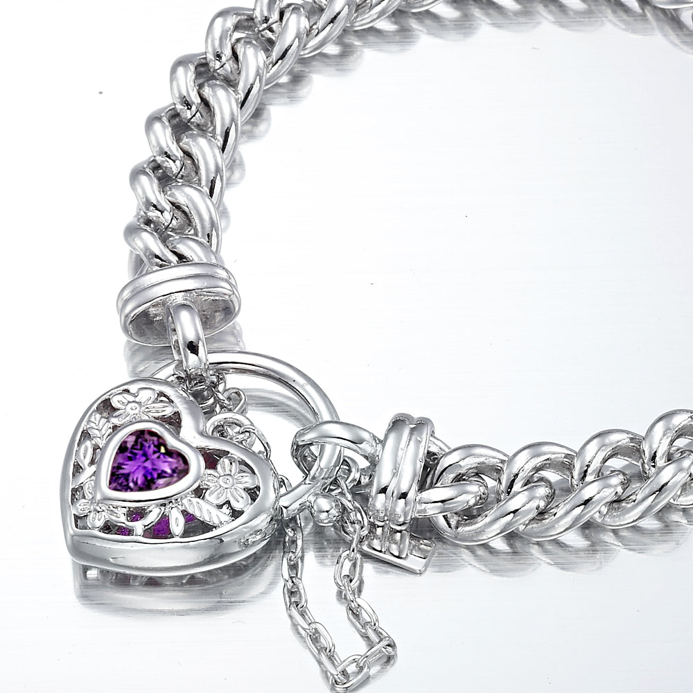 925 Sterling Silver Plated  Euro Chain Bracelet with a Purple Filigree Locket - USA Made