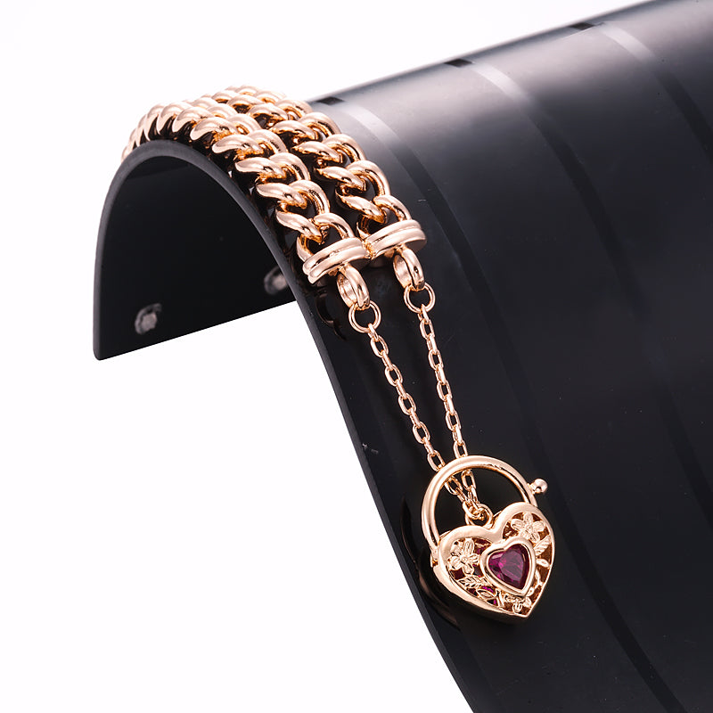 18ct Heavy Rose Gold Plated Euro Chain Bracelet with a Filigree Locket Featuring a Simulated Ruby - USA Made