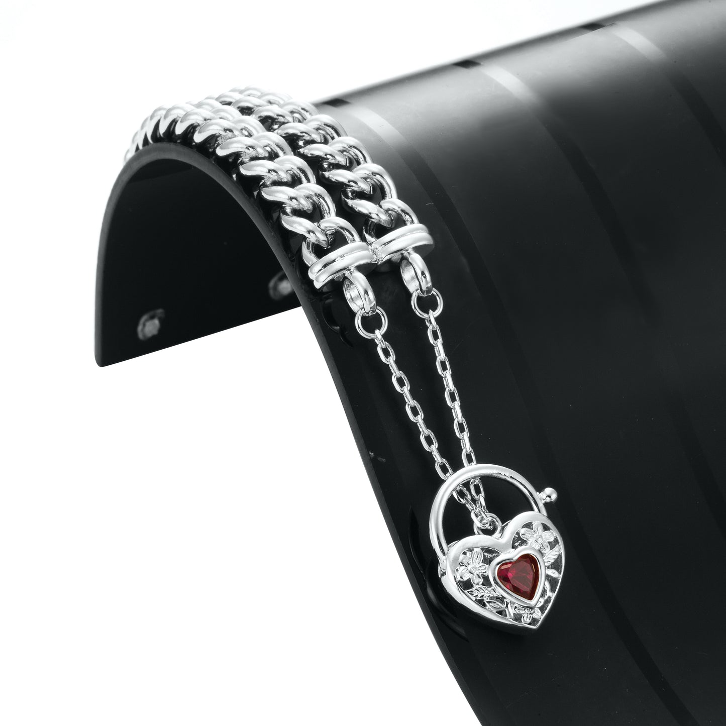 925 Sterling Silver Plated  Euro Chain Bracelet with a Filigree Locket Featuring a Simulated Ruby - USA Made