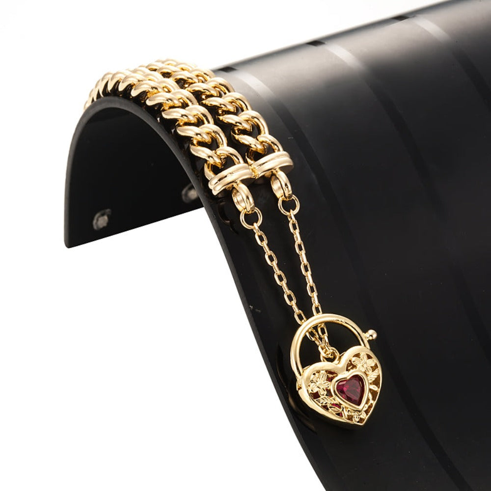 18ct Heavy Yellow Gold Plated  Euro Chain Bracelet with a Filigree Locket Featuring a Simulated Ruby - USA Made