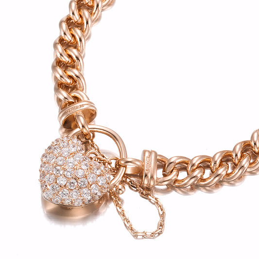 18ct Heavy Rose Gold Plated Euro Chain Bracelet Featuring a Simulated Diamond Locket - USA Made