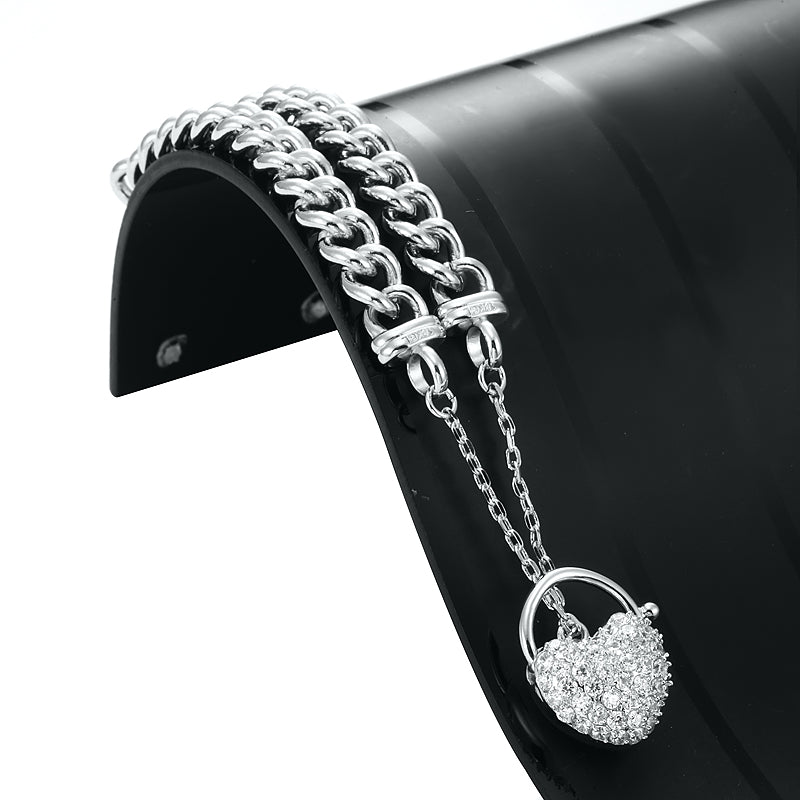 925 Sterling Silver Plated Euro Chain Bracelet Featuring a Simulated Diamond Locket - USA Made