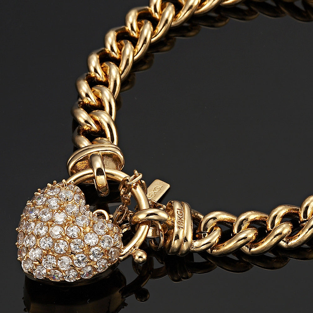 18ct Heavy Yellow Gold Plated Euro Chain Bracelet Featuring a Simulated Diamond Locket - USA Made