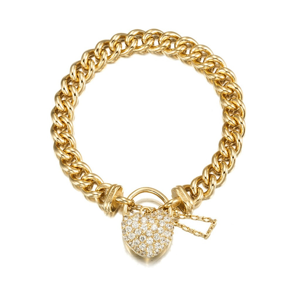 18ct Heavy Yellow Gold Plated Euro Chain Bracelet Featuring a Simulated Diamond Locket - USA Made