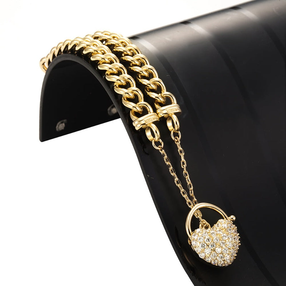 18ct Heavy Yellow Gold Plated Euro Chain Bracelet Featuring a Simulated Diamond Locket - USA Made