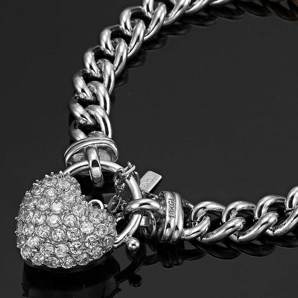 925 Sterling Silver Plated Euro Chain Bracelet Featuring a Simulated Diamond Locket - USA Made