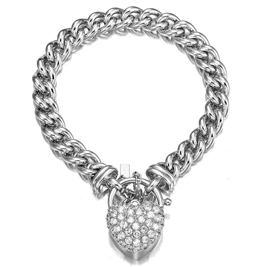 925 Sterling Silver Plated Euro Chain Bracelet Featuring a Simulated Diamond Locket - USA Made