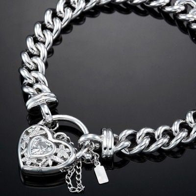 925 Sterling Silver Plated  Euro Chain Bracelet with a Filigree Locket Featuring a Simulated Diamond - USA Made