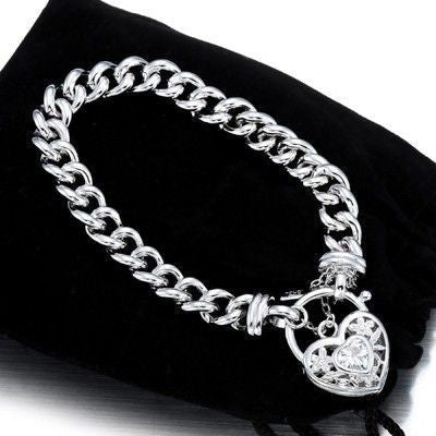 925 Sterling Silver Plated  Euro Chain Bracelet with a Filigree Locket Featuring a Simulated Diamond - USA Made